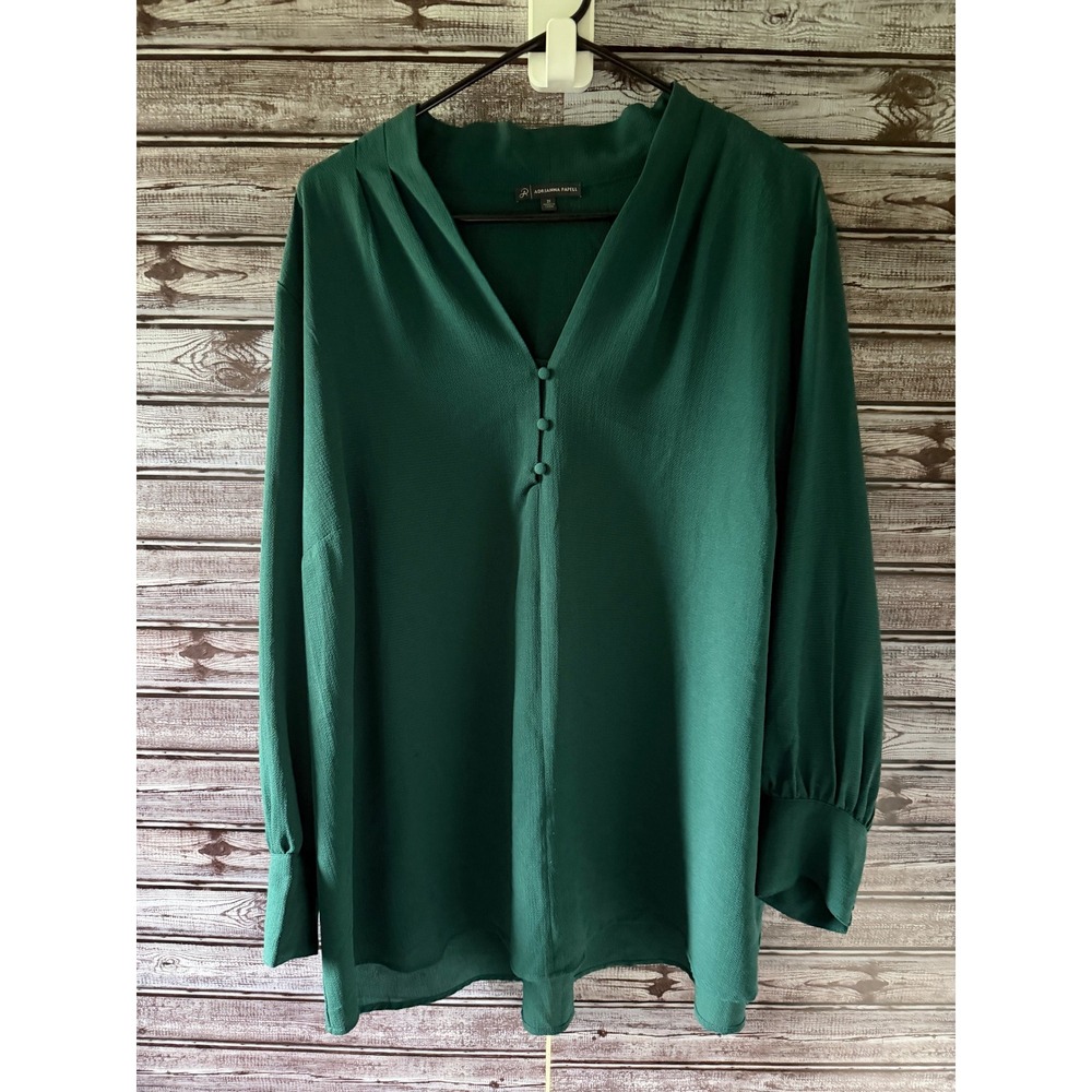 Adrianna Papell Womens 2X Hunter Green V-Neck Button Crepe Blouse